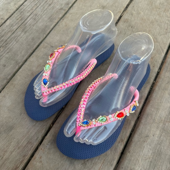 NEW  Vacation Blue PINK Sandals HANDMADE Size 6 - Picture 1 of 8